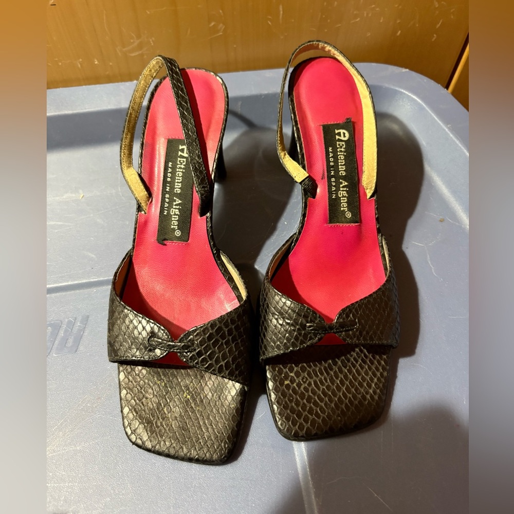 Etienne Aigner Black Snake Skin Heels with Pink Insole - Size 6